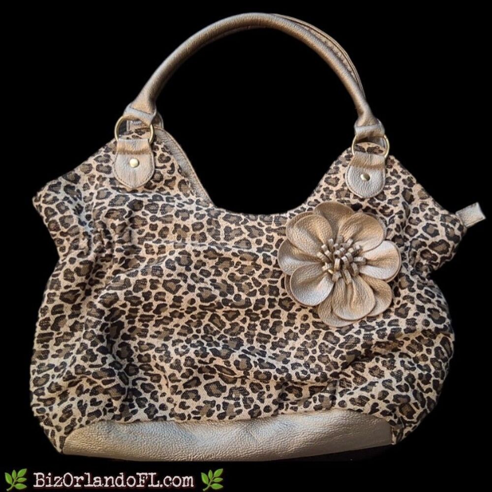 Y2K Payless Leopard Print Purse Slouchy Canvas Hobo Gold Accent Flower 2000s